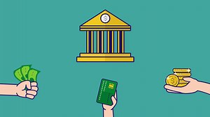 Animation of hands holding banknotes, coins and credit cards next to the bank. To pay, save, withdraw balances, or pay installments