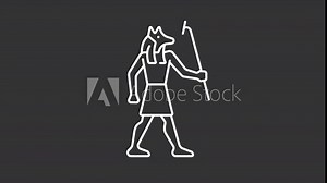 Animated Anubis white icon. Egyptian death god line animation. Ancient egypt. Afterlife mythology. Cultural heritage. Isolated illustration on dark background. Transition alpha video. Motion graphic