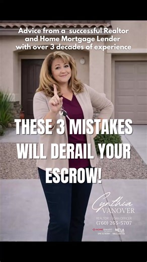 Cynthia Vanover | HomeSmart Key Realty | NEXA Mortgage on Instagram: "🚨 3 MISTAKES THAT WILL DERAIL YOUR ESCROW 🚨 You’re under contract on your dream home in Southern California… and then 😳 ❌ Buy a new car? NO. ❌ Deposit or withdraw large amounts of cash? NO. ❌ Get a new job mid-escrow? NO. ❌ Finance new furniture before closing? NO. Escrow is NOT the time to make financial moves. As a Southern California Real Estate Agent & Mortgage Lender, I help buyers navigate the home buying process the