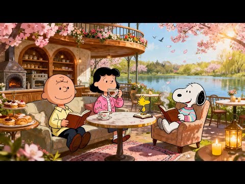 Snoopy, Charlie Brown & Lucy Reading at a Spring Lakeside Café 📚🌸 Lofi Ambience to Focus