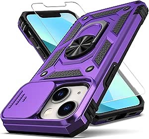 for iPhone 12 Mini Case,with Slide Camera Cover HD Screen Protector,[Camera Protection] [Magnetic Rotate Kickstand] Military Grade Shockproof Heavy Duty Protective Case for iPhone 12 Mini-Purple