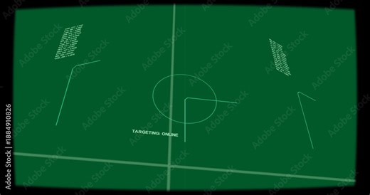 Central reticle initiating targeting, HUD markers rotating, sliding, scanning on transparent field