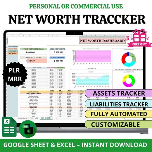 Net Worth Tracker Spreadsheet | Excel & Google Sheets | PLR   MRR Resell Rights, Financial Dashboard Template Passive Income Digital Product - Etsy