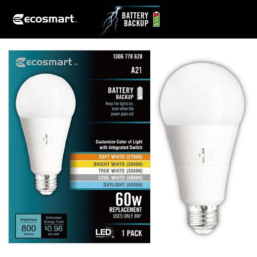Check The Home Depot's Q&A Before Buying: EcoSmart 60-Watt Equivalent A21 E26 Base Dimmable CEC Battery Backup LED Light Bulb with Selectable Color Temperature (1-Pack)