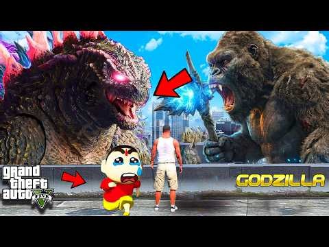 GTA V : Franklin & Shinchan Escaping From Godzilla VS King Kong Gorilla Attack Epic Fight in GTA 5
