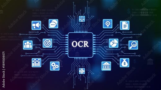 Optical Character Recognition Technology Concept with Various Business and Communication Connected to Central O C R Chip on Circuit Board Background