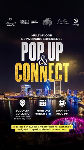 L. Bar Marketing & Events on Instagram: "📣Event Announcement: POP UP & CONNECT 🤝 A Multi-floor networking event where social interactions make professional connections. 📅 Thursday, March 5 ⏰ 6-10pm 📍Suddath Building Downtown Jacksonville 315 E Bay St. You can expect: 1st Floor: A welcome reception 👋 2nd Floor: Open mixer with drinks flowing and sounds by @the_discocowboy 🎶 4th Floor: Intentional networking with the city’s top real estate, tech, hospitality, and finance professionals.👩‍💼 