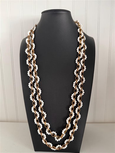 1950s Miriam Haskell Signed Milk Glass Bead Hammered Brass Link Long Necklace Vintage Mid Century Designer Statement Jewelry - Etsy