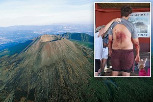 Video shows aerial shots of Mount Vesuvius, as a US tourist had to be rescued after falling into the Italian volcano