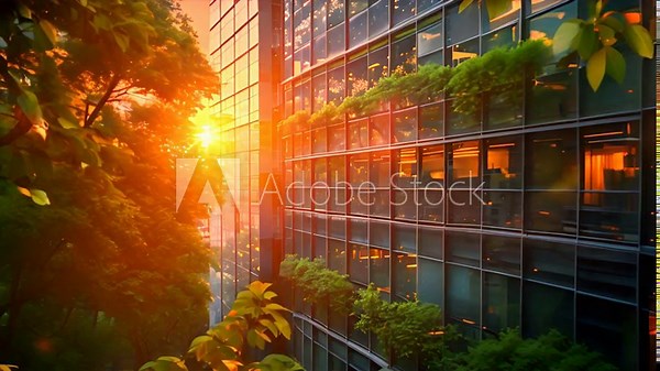 Eco-friendly building in the modern city. Sustainable glass office building with tree for reducing carbon dioxide. Office building with green environment. Corporate building reduce CO2,generative ai