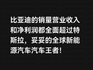 比亚迪的销量、营业收入和净利润都全面超过特斯拉，是无可争议的全球新能源汽车王者！