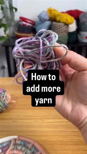 Cre | Coiled Baskets & Fiber Art Instructor on Instagram: "One of my most asked questions: how do you add a new piece of yarn, cord, or even a new color or texture into your basket? Start with a handful of your new material. Place your needle on one end and begin with the opposite end. Pull the old piece (the tail that’s already on your basket) to the front, lay your new piece behind it on the back, and then just keep wrapping the way you’ve been! 🎥 See the video for a close-up reference. Yarn 