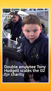 Double amputee Tony Hudgell has become the youngest person with prosthetic legs to complete the challenge of climbing the O2! Ed Balls joined Tony, Tony's dad Mark and Chelsea goalkeeper Carlo Cudicini on the climb. | Good Morning Britain