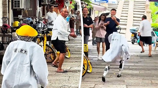 Elderly man runs away from menacing robot in China