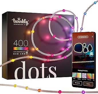 Twinkly Dots String Lights App-Controlled Flexible LED Color Changing String Lights, 400 RGB (16 Mil. Colors). 400 LED / 2x33 Ft Transparent Wire. USB-Powered Indoor Smart Home Lighting Decoration