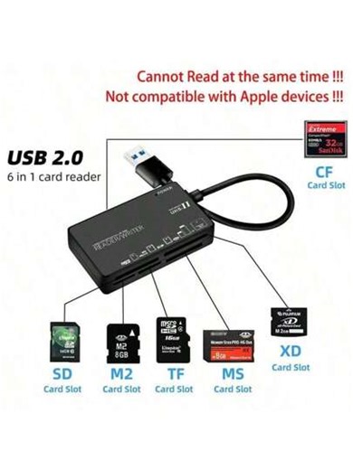 6合1 USB 2.0 Type-C读卡器，多端口CF M2 MS XD SD TF卡USB读卡器，兼容PC和笔记本电脑（不兼容苹果设备） | SHEIN