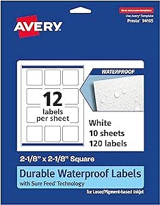 Avery Durable Waterproof Square Labels, Sure Feed Technology, 2-1/8" x 2-1/8", 120 Total, Oil and Tear-Resistant Waterproof Labels, Print-to-The-Edge, Laser/Pigment-Based Inkjet Printable
