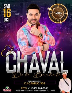 EL CHAVAL DE LA BACHATA EN CONCIERTO ! MIAMI GARDEN  FLORIDA in Miami Gardens - Tickets 2021-10-16 | Sahara Cafe Miami