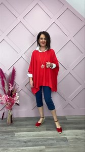 3.4K views · 59 reactions | Red and Denim - Always fab together ♥️Red Poncho Knit €63 one size fits 10-A good 20 ♥️White Base Layer Shirt €55 sizes 10-18 ♥️Red Denim Pedal Pushers €55 only sizes 16-20 left, remember to go down a size ♥️Red Suede Espadrilles €79 sizes 37-42 #glamvibes | Klassy Lady | Facebook