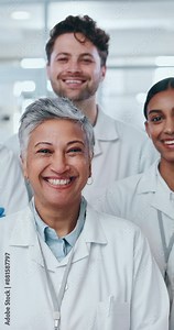 Face, team and diverse scientist people in laboratory, research and cooperation. Portrait, group and medical doctors, workers or employees in collaboration on experiment, drug trail or breakthrough