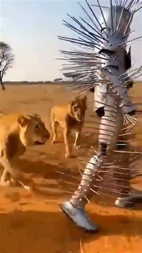 Lion Attacks Steel Suit Man | Power vs Protection#trending #funny #motivation #meme