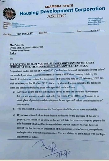 Peter Obi's Allocation And Acceptance Letter Of A Plot Of Land In Awka Emerges - Politics - Nairaland
