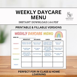 Daycare Weekly Menu | Daycare Meal Plan | Family Meal Planner | Home School | Homeschool Menu | Daycare Meal Menu | Fillable Pdf - Etsy
