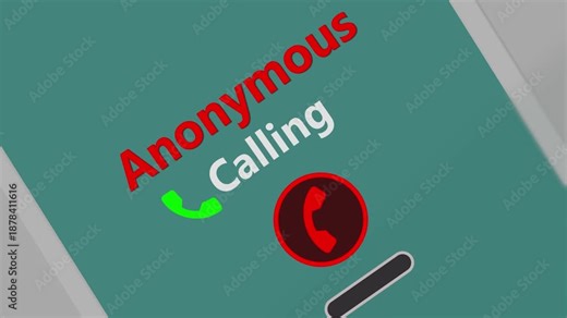 Anonymous call warning animation with accept and reject controls, hidden caller incoming mobile phone interface on angled smartphone background