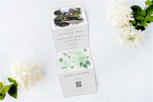 Custom Watercolor Venue Map Tri Fold Wedding Invitation - Etsy
