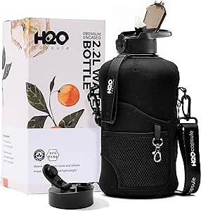 H2O Capsule 2.2L Half Gallon Water Bottle with Storage Sleeve and Removable Straw – BPA Free Large Reusable Drink Container with Handle - Big Sports Jug, 2.2 Liter (74 Ounce), Jet Black