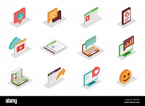 Blog concept 3d isometric icons set. Bundle elements of profile in social media, message in chat, video content, article, post, sharing, link and Stock Vector Image & Art - Alamy