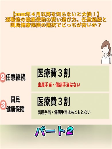 【2025年４月以降を知らないと大損！】退職後の健康保険の賢い選び方。任意継続と国民健康保険の選択でどっちが安いか？P。2