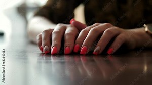 Close-up of female fingers with manicure tapping on the surface of the table. The woman taps her fingers on the table nervously in anticipation. Overgrown nails. Manicure needs to be updated.
