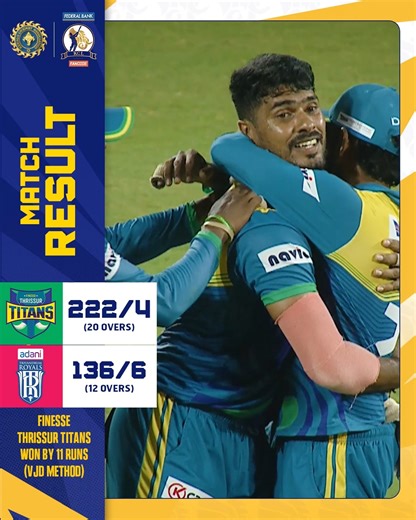 Kerala Cricket League on Instagram: "The Titans roared loud even in the rain! 🌧️💥 Chasing 148 (VJD), the Royals fell short despite Govind Pai’s fighting 63, as MD Nidheesh and Ajinas K destroyed with the ball to seal it for Finesse Thrissur Titans. #KCLSeason2 #KCL2025"