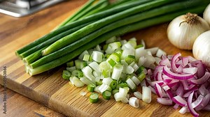 How to prepare fresh vegetables for cooking with scallions and onions in a kitchen