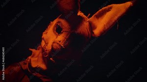 Soldier in a scary mask. A scary rabbit mask illuminated by a blinking light in a dark forest.
