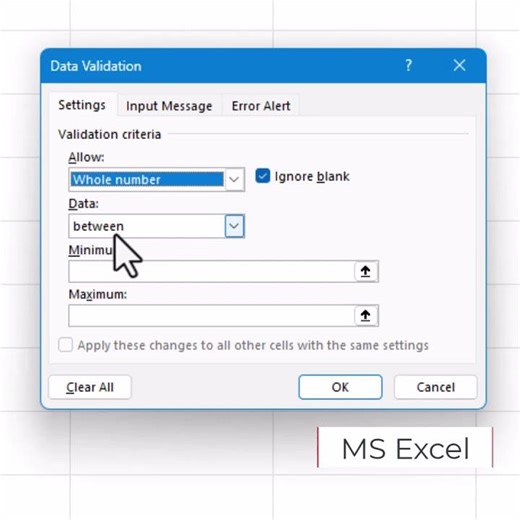 MS Excel Number Range Data Validation