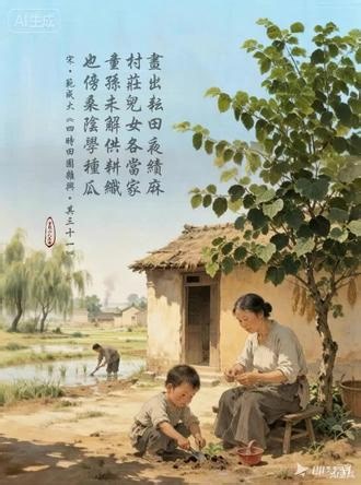 #每日一首古诗词 宋·范成大《四时田园杂兴·其三十一》 昼出耘田夜绩麻，村庄儿女各当家。童孙未解供耕织，也傍桑阴学种瓜。 简析：这首诗描写农村夏日生活中的一个场景。首句直写劳动场面；次句指年轻男女皆不得空闲，各司其事，各管一行；后两句说孩子们从小耳濡目染，于是就有末句“也傍桑阴学种瓜”，表现出农村儿童天真、懂事的性格特点。全诗用清新的笔调，对农村初夏时的紧张劳动气氛，作了较为细腻的描写，读
