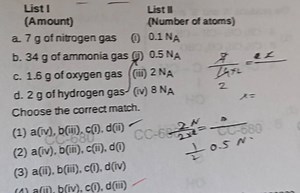 List I(Amount)a. 7 g of nitrogen gasb. 34 g of ammonia gasc... | Filo