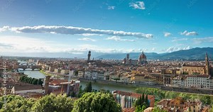 Florence, Italy - May 31, 2024: Aerial cityscape view from the hill. Time-lapse, zoom-out transition. Working tap on the background. Medium cloudy sky.