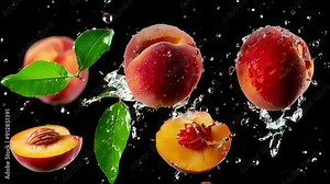 fresh peach floating in the air with water splashes on black background, video slow motion
