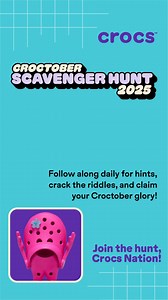 🐊 Crocs Scavenger Hunt: How to Play! We're turning up the fun from October 17th to October 23rd and you could win daily prizes! Here's how to join: Step 1: Follow us on social media and keep an eye on our Stories for daily clues 🔍 Step 2: Solve the clue and race to the secret location to find a hidden Crocs token 🗺️ Step 3: Be the first to find the token and bring it to your nearest Crocs store to claim your prize 🎁 📌 Please Note: Once a customer finds a token and claims a prize, they can n