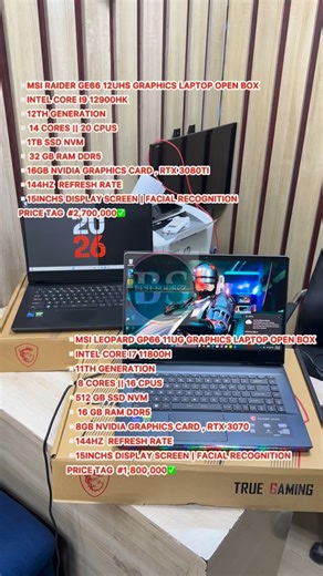 BEST tecSOURCZ LTD on Instagram: "▫️Msi Raider GE66 12UHS Graphics laptop open box ▫️Intel core i9 12900Hk ▫️12th Generation ▫️ 14 cores || 20 CPUs ▫️1tb SSD nvm ▫️ 32 GB RAM DDR5 ▫️16Gb NVIDIA graphics card , RTX 3080ti ▫️144Hz refresh rate ▫️15INCHs DISPLAY screen | facial recognition ▫️KEYBOARD BACKLIGHT / Bluetooth | ▫️ WEBCAM / WI-FI / USB PORTS/ HDMI | ▫️EXCELLENT BATTERY life ) WITH ORIGINAL CHARGER price tag #2,700,000✅ ▫️Msi Leopard GP66 11UG Graphics laptop open box ▫️Intel core i7 118
