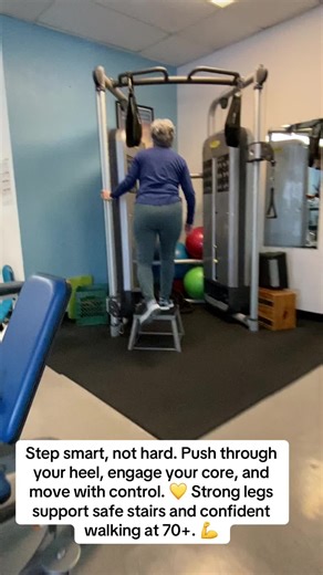Trainer June on Instagram: "💪 Exercise for 70+ | Supported Step-Ups 👉This exercise helps build leg strength, balance, and confidence for everyday activities like stairs and walking. How to do it: 👉 Use a low to moderate step (stepper or sturdy step). 👉 Hold a sturdy object with your left hand for balance. 👉 Step up with your right foot onto the step. 👉 Press through your heel to stand tall — avoid pushing from the knee. 👉 Engage your core and thigh (quad) muscles as you step up. 👉 Step b