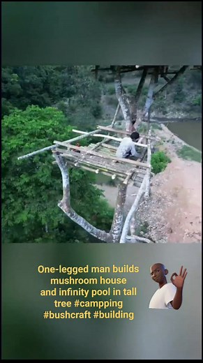One-legged man builds mushroom house and infinity pool in tall tree #campping #bushcraft #building #safrudinnurjaman | Safrudin Nurjaman