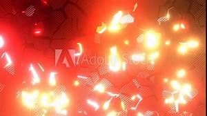 crack and explosion abstract carbon fiber wall 3d animation on many red and orange yellow glitter light.