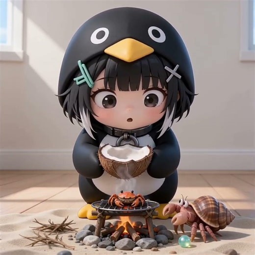 Cutest Mini BBQ on the Beach! 🐧🦀 #asmr #gugugaga #cute