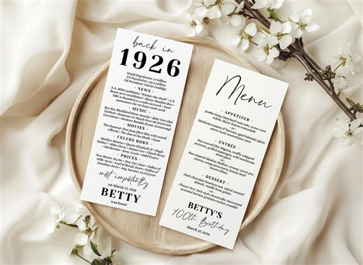 Editable 100th Birthday Menu Template Back in 1926 Trivia Card Printable Corjl 4x9 - Etsy
