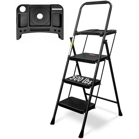 WNOEY 3 Step Ladder with Tray, Folding Step Stool with Tool Platform and Comfort Handgrip, Lightweight 500lbs, Wide Anti-Slip Pedal, Sturdy Steel Ladder, Portable Steel Step Stool for Adults,Black - Walmart.ca