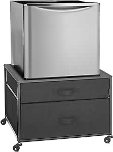 mDesign Small Portable Mini Fridge Storage Cart with Wheels - Mobile Refrigerator, Microwave, Appliance Platform Table with Fabric Drawers for Dorm Room, Studio, Apartments - Black/Black